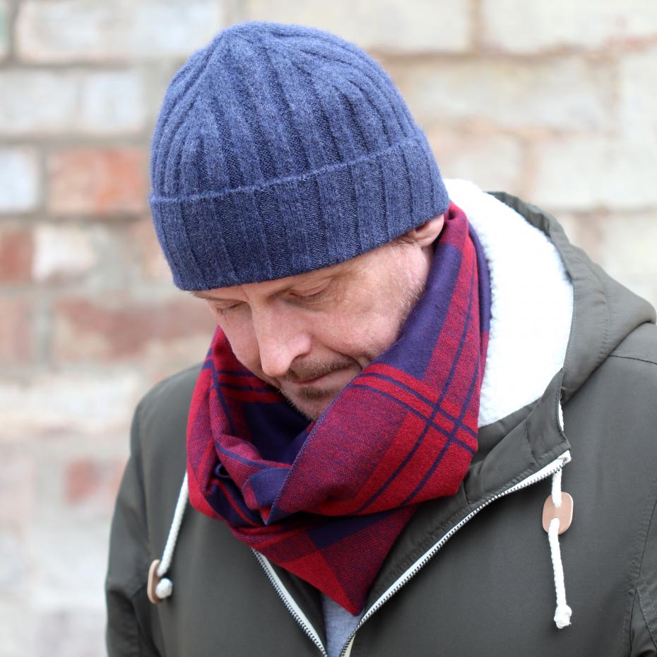 100% Recylced Polyester mens beanie hat matched a Claret and Blue check viscose scarf
